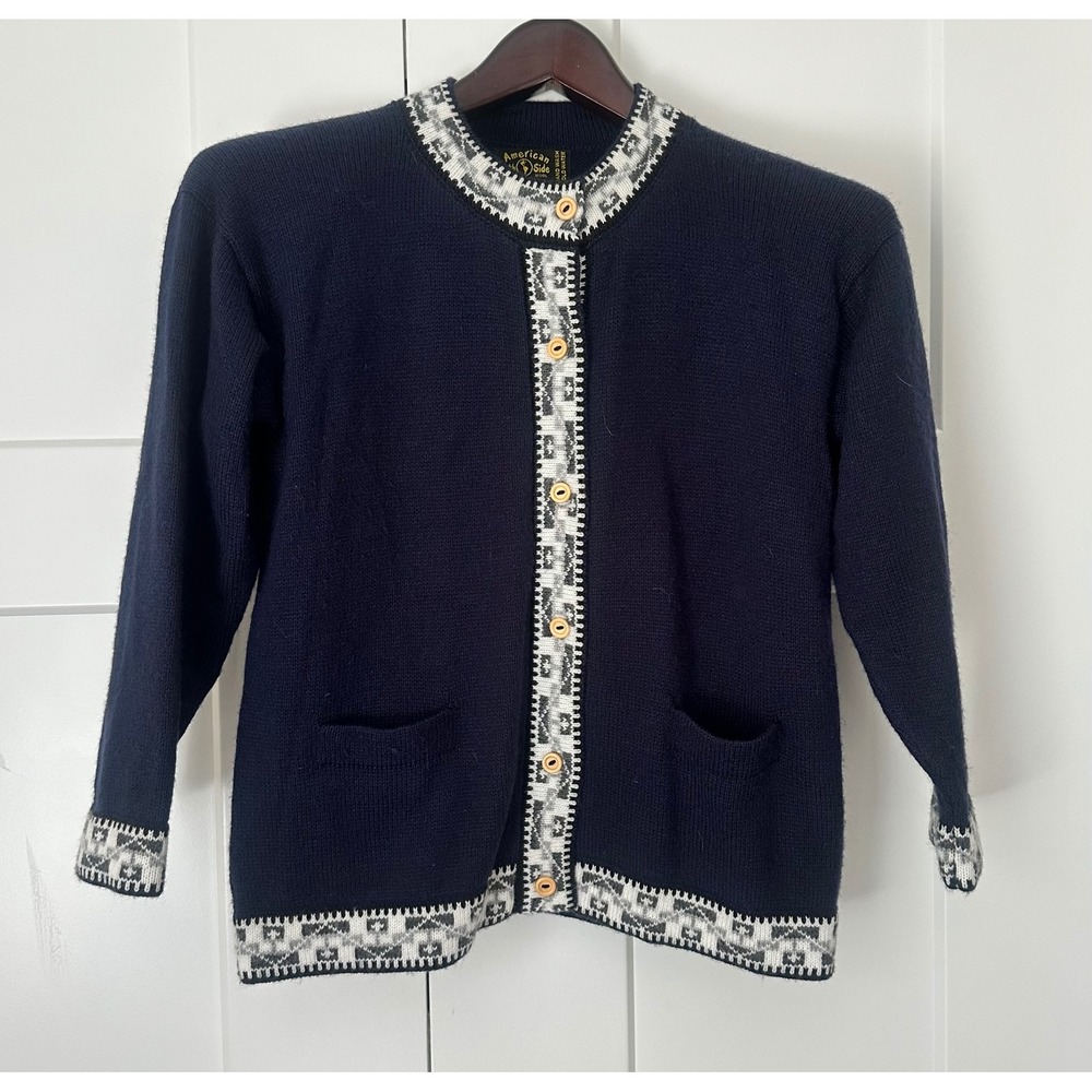 American South Side Alpaca Wool Cardigan Sweater Navy Blue Fair Isle Peru Womens